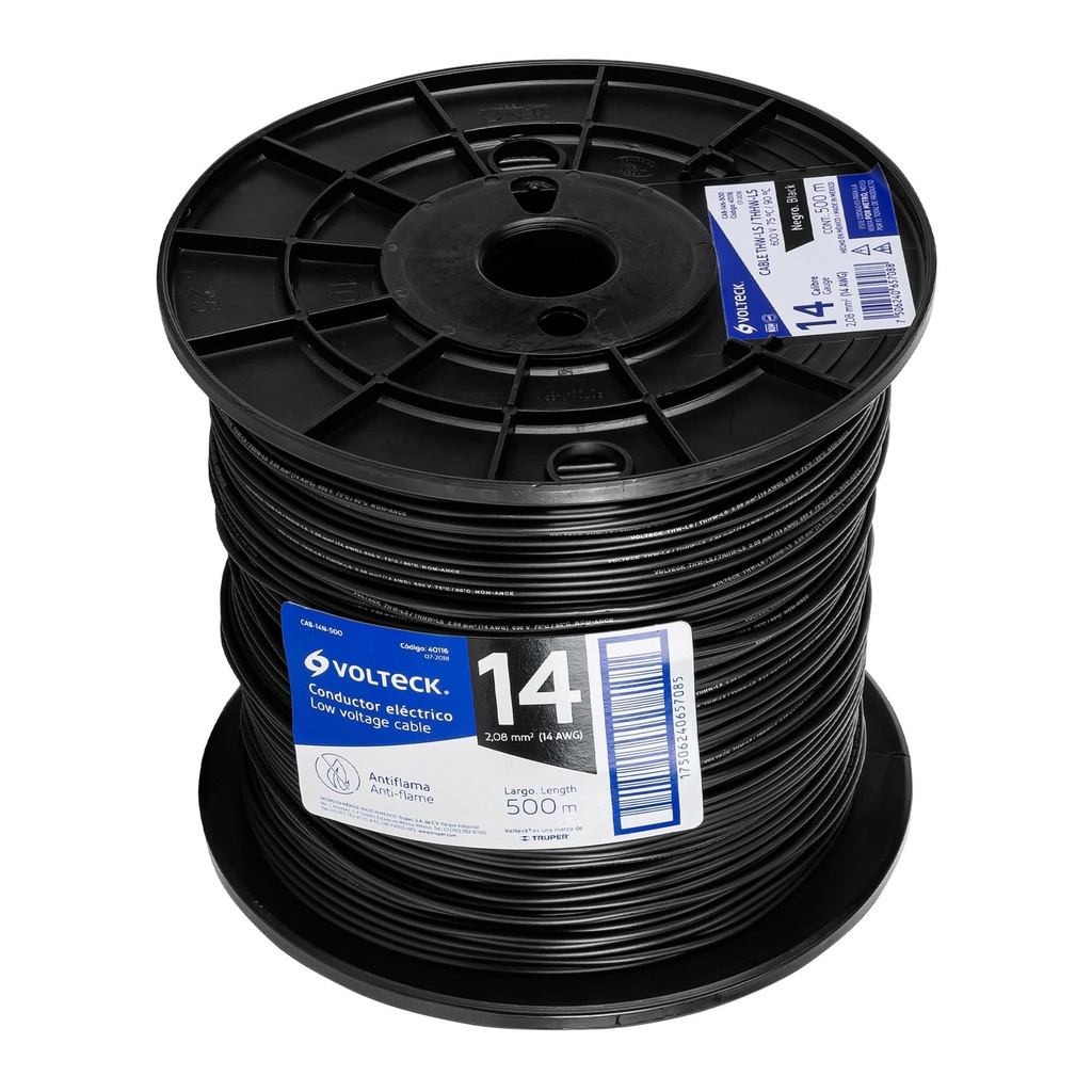 40116 / Metro de cable THHW-LS 14 AWG negro en carrete de 500 m, Volteck