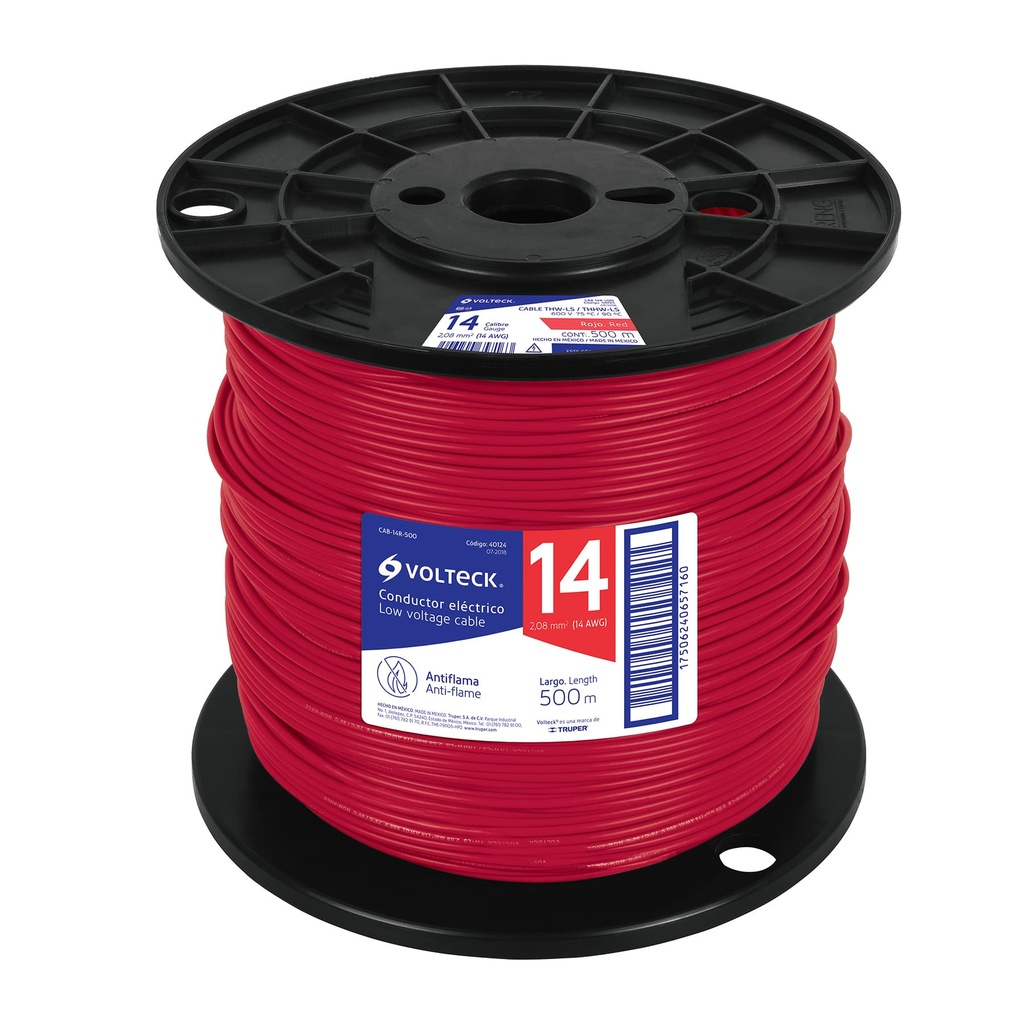 40124 / Metro de cable THHW-LS 14 AWG rojo en carrete de 500 m, Volteck