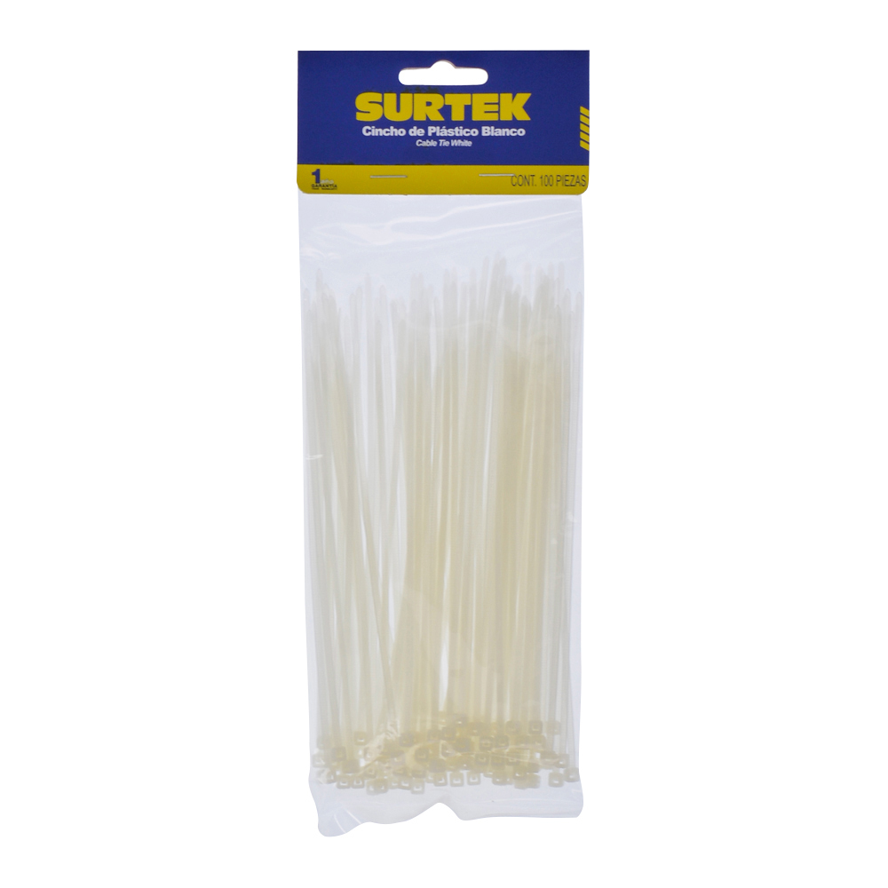 Cinchos plásticos 165 x 2.5 mm, tensión 8 Kg de 100 piezas, color natural, Surtek