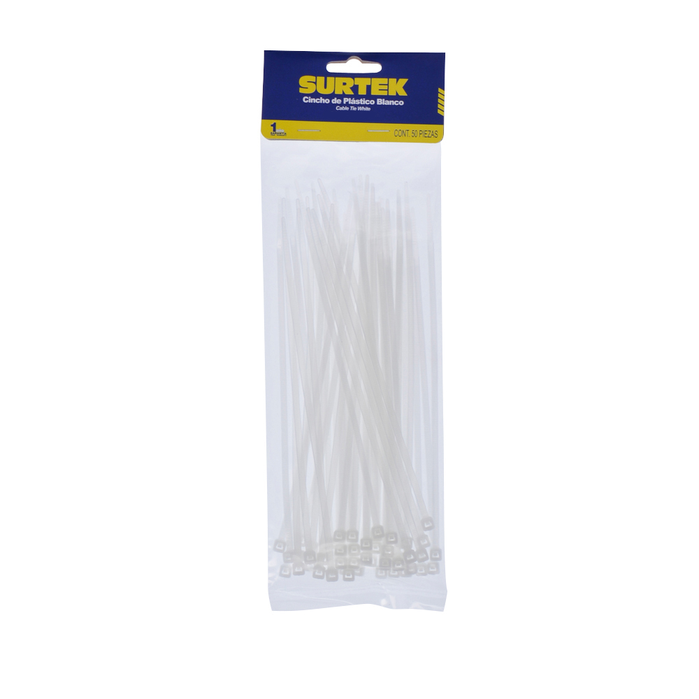 Cinchos plásticos 150 x 3.6 mm, tensión 18 Kg de 50 piezas color natural, Surtek