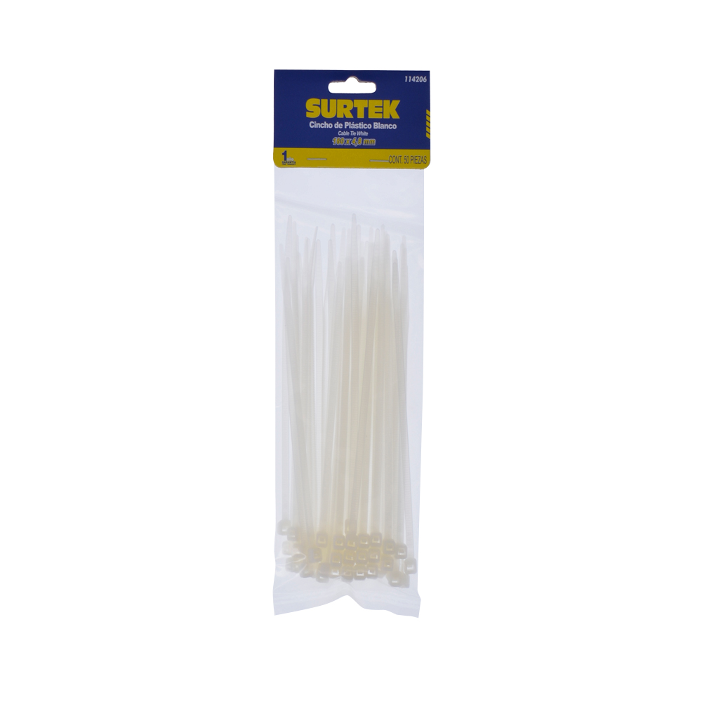 Cinchos plásticos 160 x 4.8 mm, tensión 27 Kg de 50 piezas color natural, Surtek