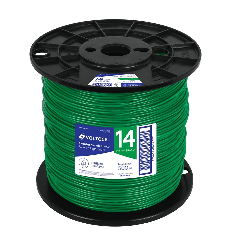 40120 / Metro de cable THHW-LS 14 AWG verde en carrete de 500 m, Volteck