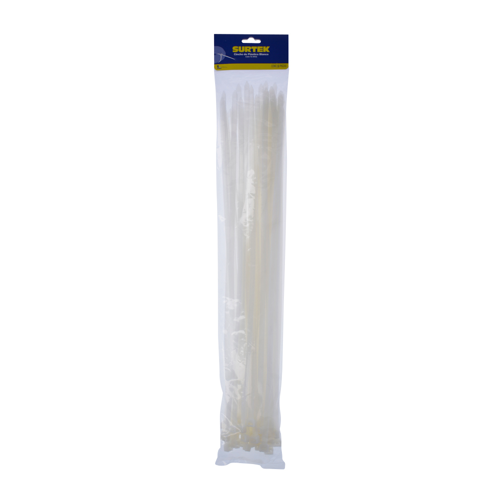 Cinchos plásticos 500 x 7.8 mm, tensión 70 Kg de 50 piezas color blanco, Surtek