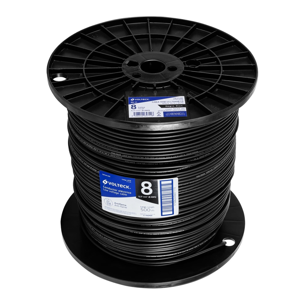 40119 / Metro de cable THHW-LS 8 AWG negro en carrete de 500 m, Volteck