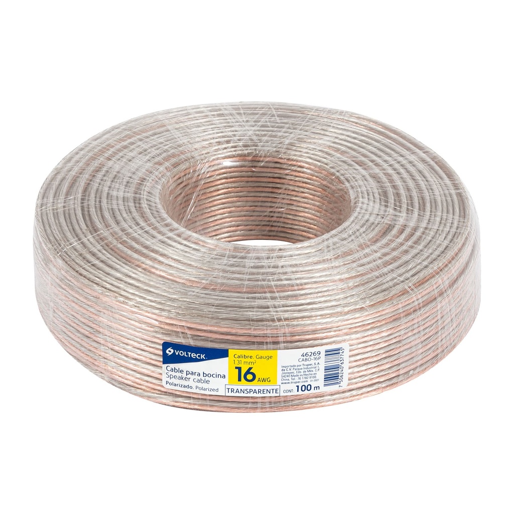 46269 / Rollo de 100 m cable polarizado transparente p/bocina 16 AWG, Volteck
