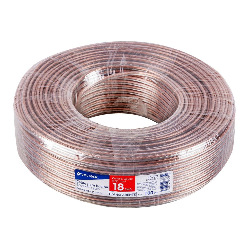 46270 / Rollo de 100 m cable polarizado transparente p/bocina 18 AWG, Volteck