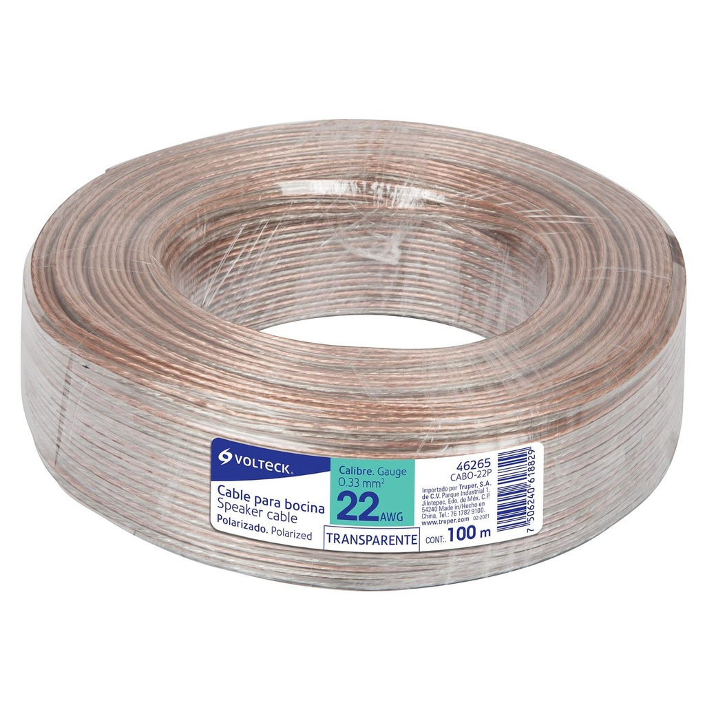 46265 / Rollo de 100 m cable polarizado transparente p/bocina 22 AWG, Volteck