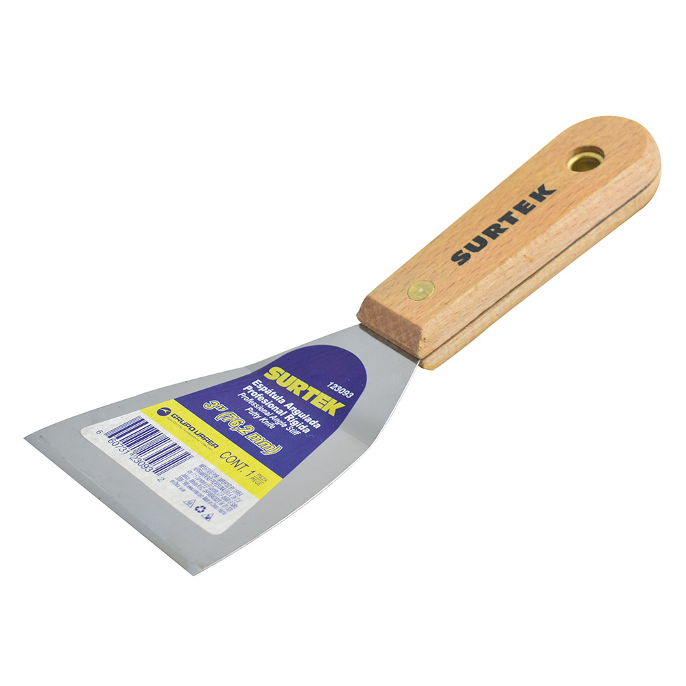 Espátula rígida angulada de acero de alto carbón con mango de madera 3", Surtek
