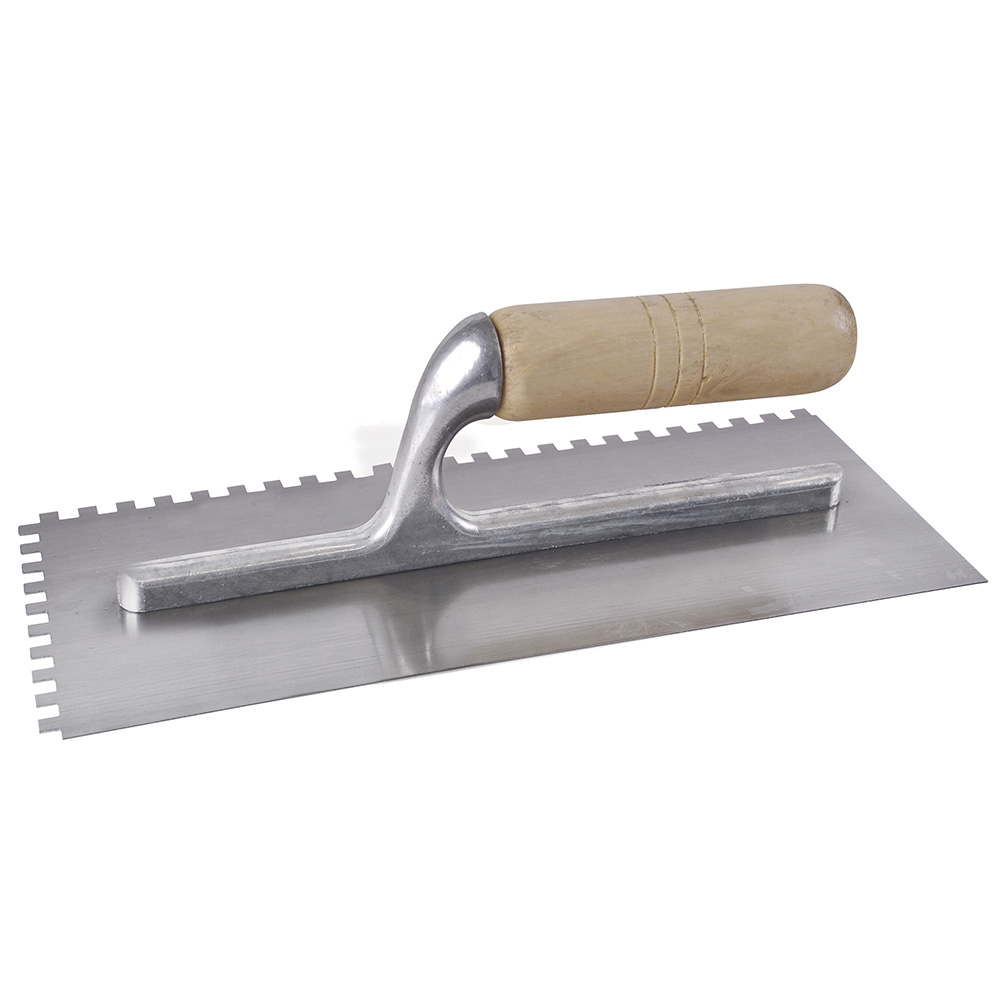 Llana dentada cuadrada de acero al alto carbón con mango de madera 11" x 5", Surtek