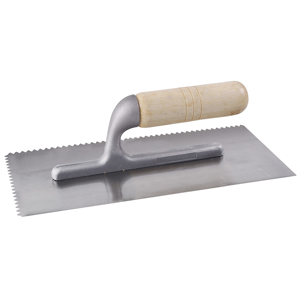 Llana dentada triangular de acero al alto carbón con mango de madera 11" x 5", Surtek