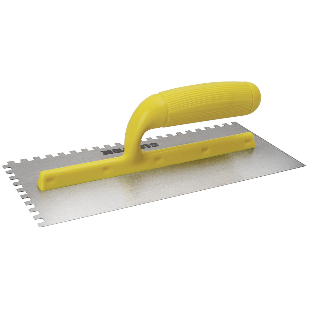 Llana dentada cuadrada de acero al alto carbón con mango plástico 11" x 5", Surtek