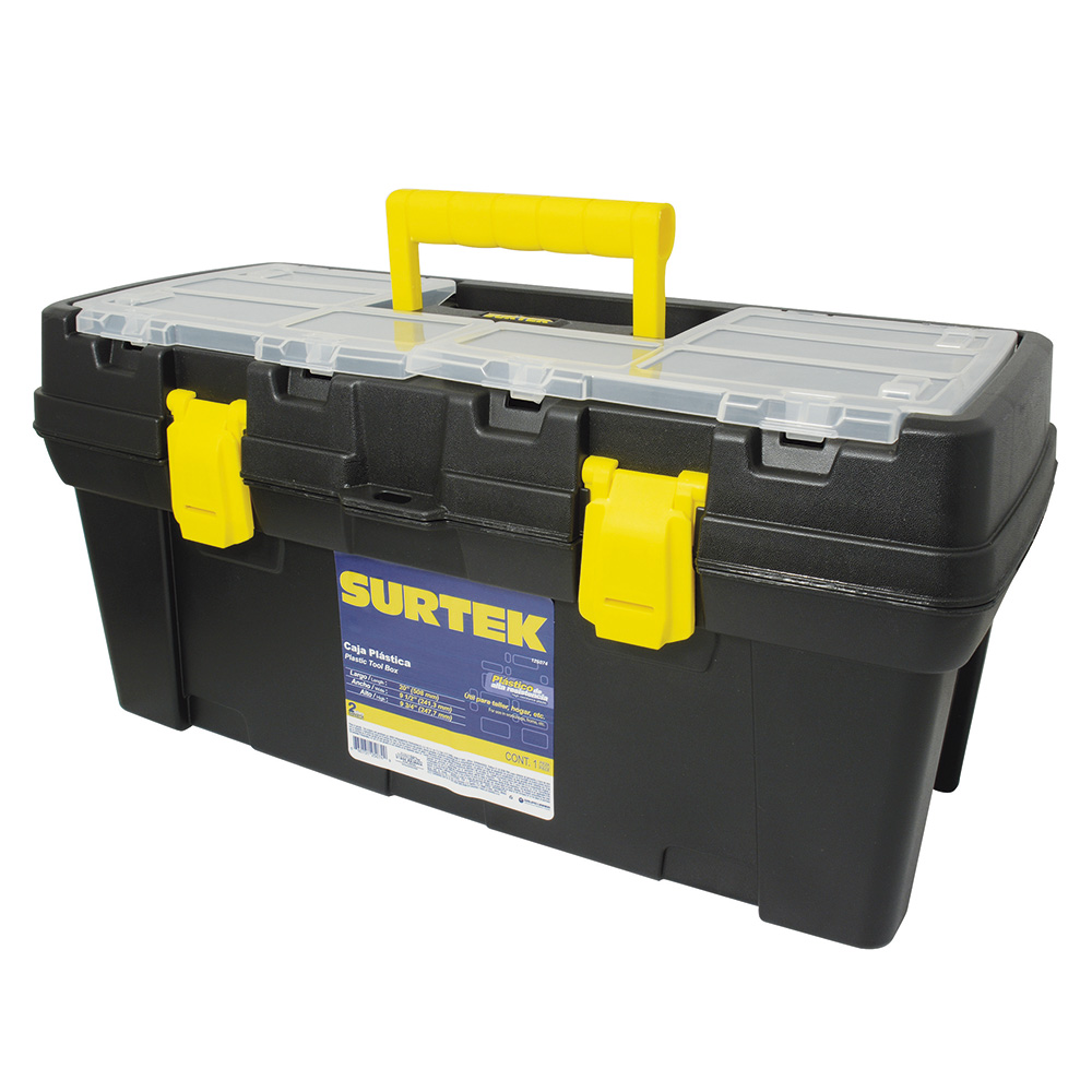 Caja portaherramientas plástica con broches plásticos y organizador 20" x 9" x 10", Surtek