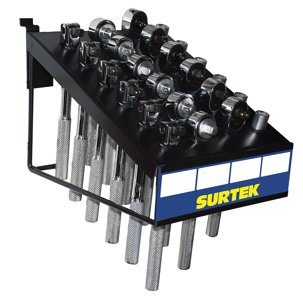 Rack con accesorios para dados cuadro de 3/8", 24 piezas, Surtek