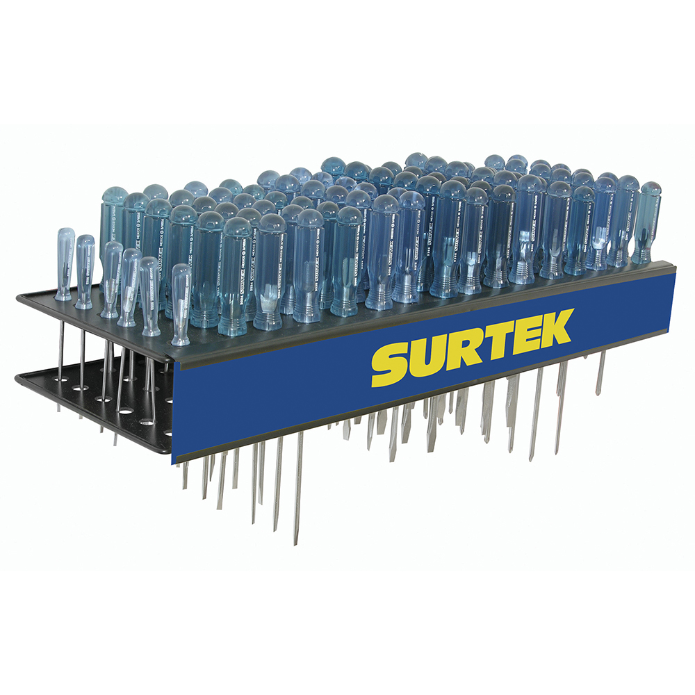 Rack con destornilladores serie 300 con mango azul, 96 piezas, Surtek