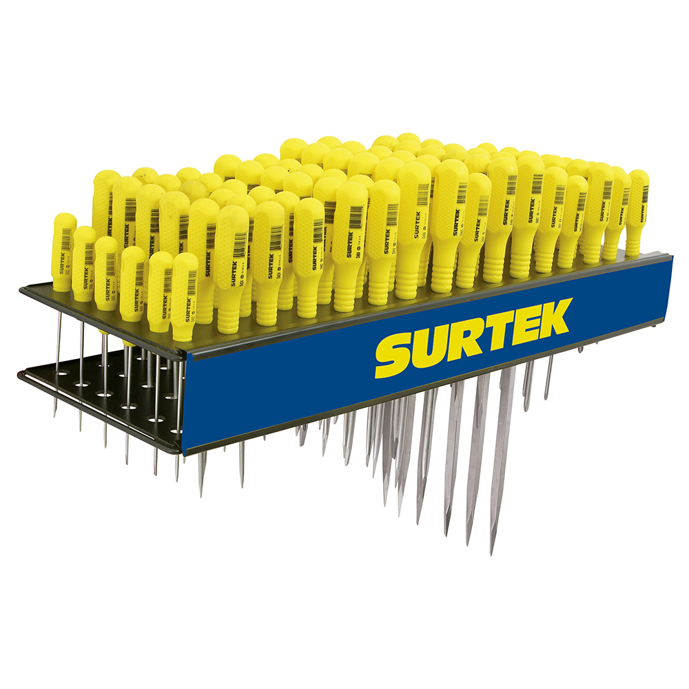 Rack con destornilladores serie 400 con mango amarillo, 96 piezas, Surtek