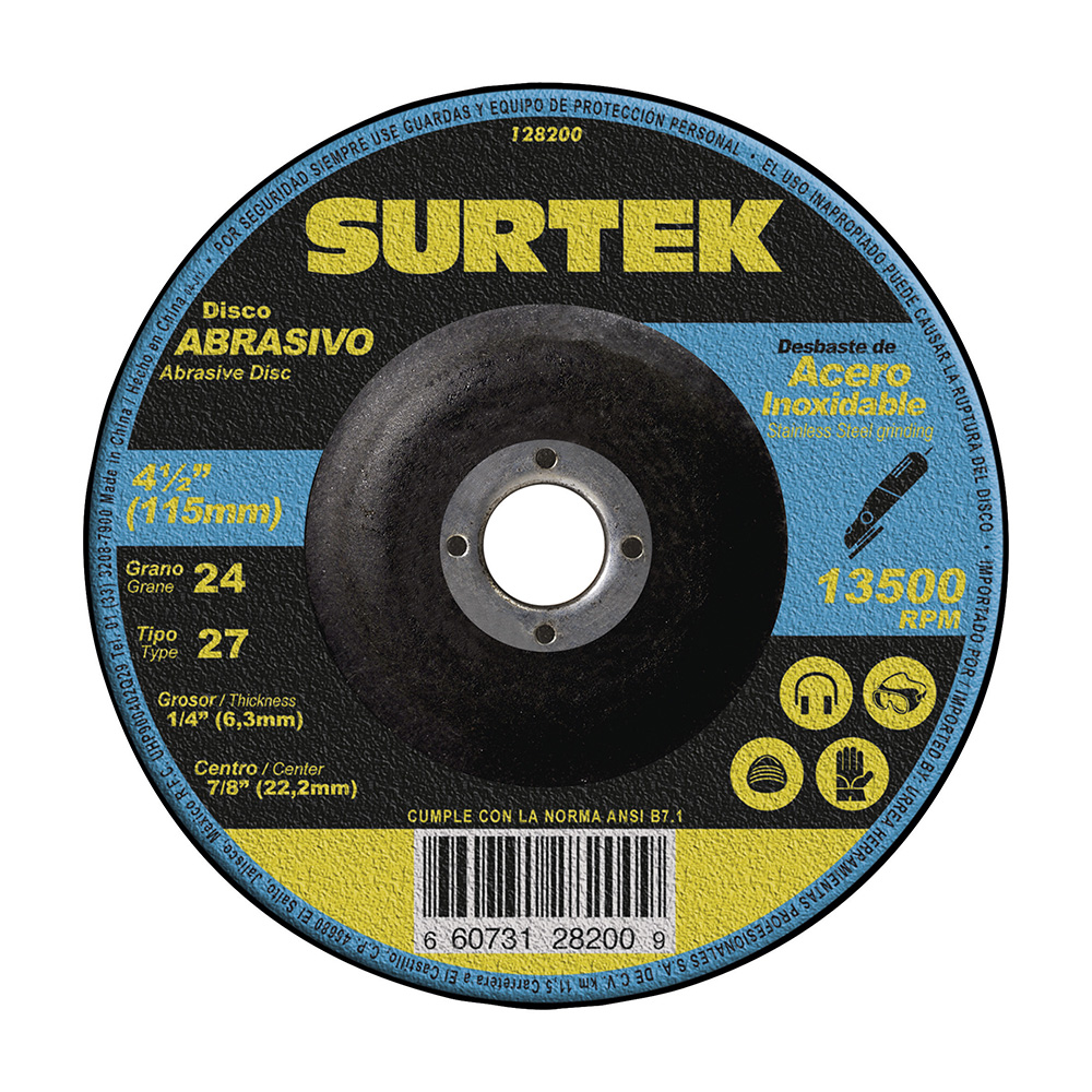 Disco abrasivo tipo 27 para metal 4-1/2" x 1/4", Surtek