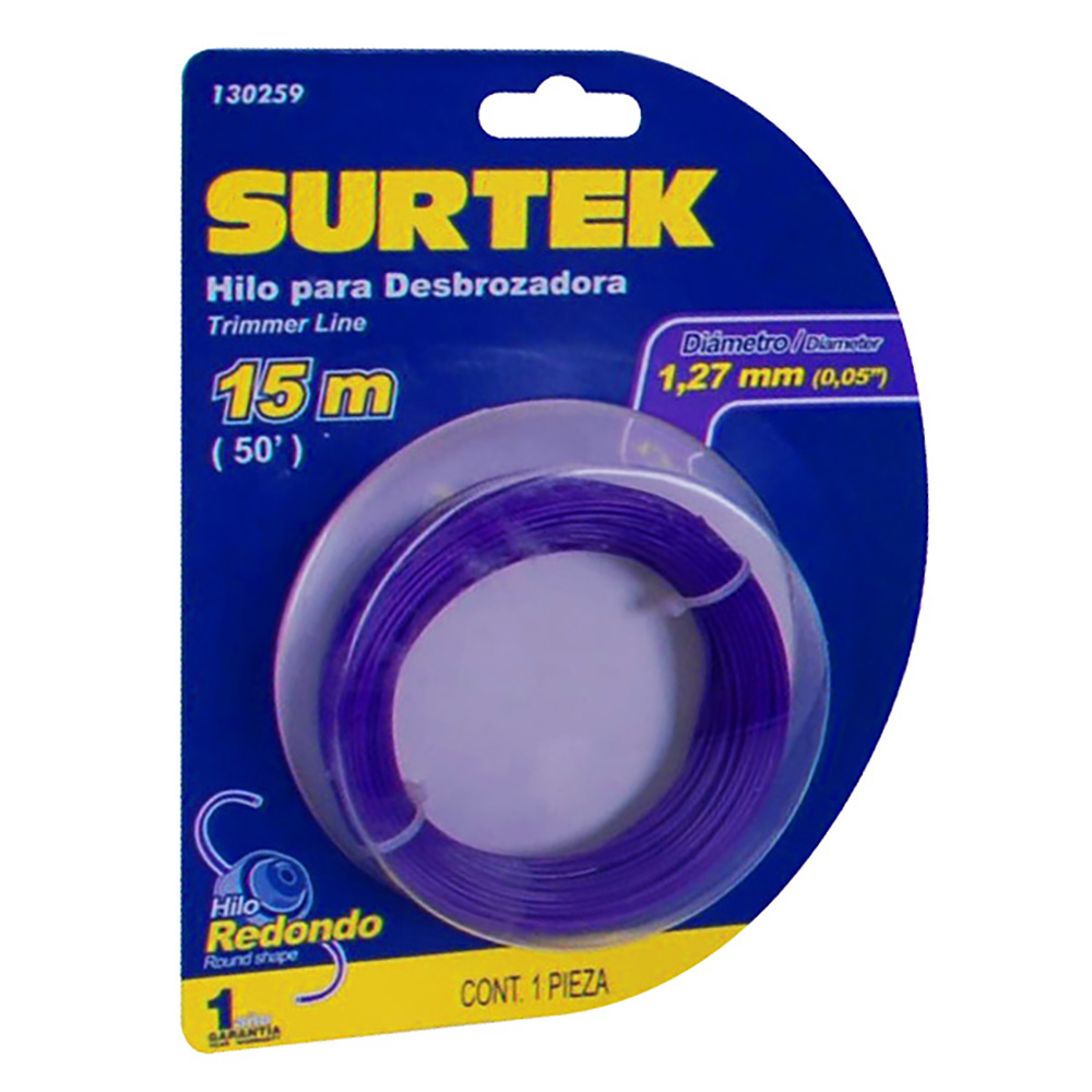 Nailon para desbrozadora en blíster, 1.27 mm x 15 m, Surtek
