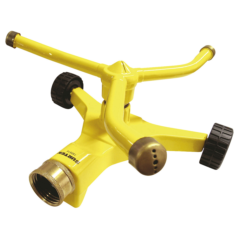 Aspersor estacionario con base metálica de 3 brazos con ruedas 3/4" GHT, Surtek