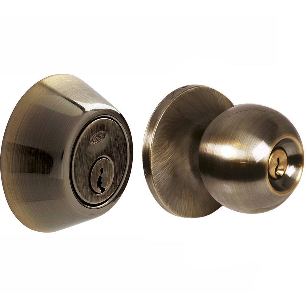 Combo de pomo bola función sencilla, latón antiguo, llave estándar, blíster, Lock