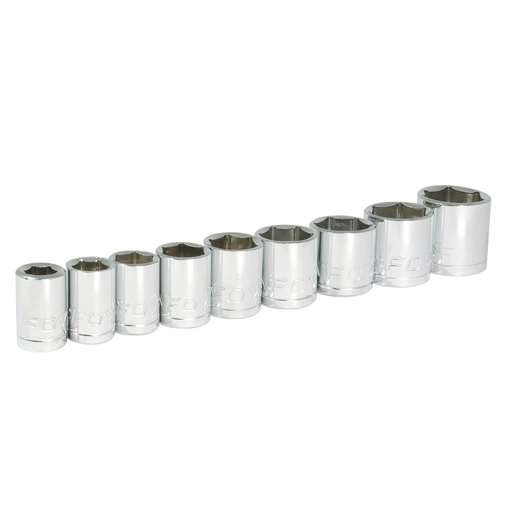 Juego de 9 dados en pulgadas cuadro de 3/8", 6 puntas, en riel, Foy