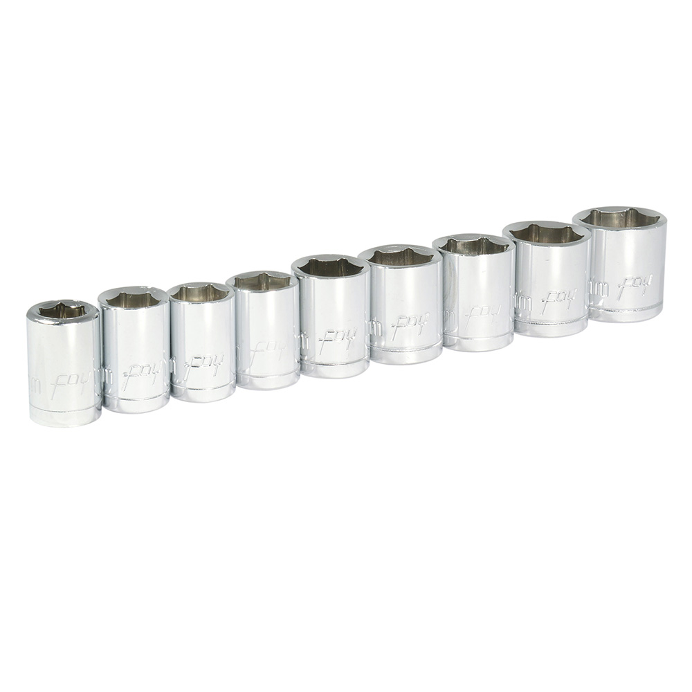 Juego de 9 dados métricos cuadro de 3/8", 6 puntas, en riel, Foy