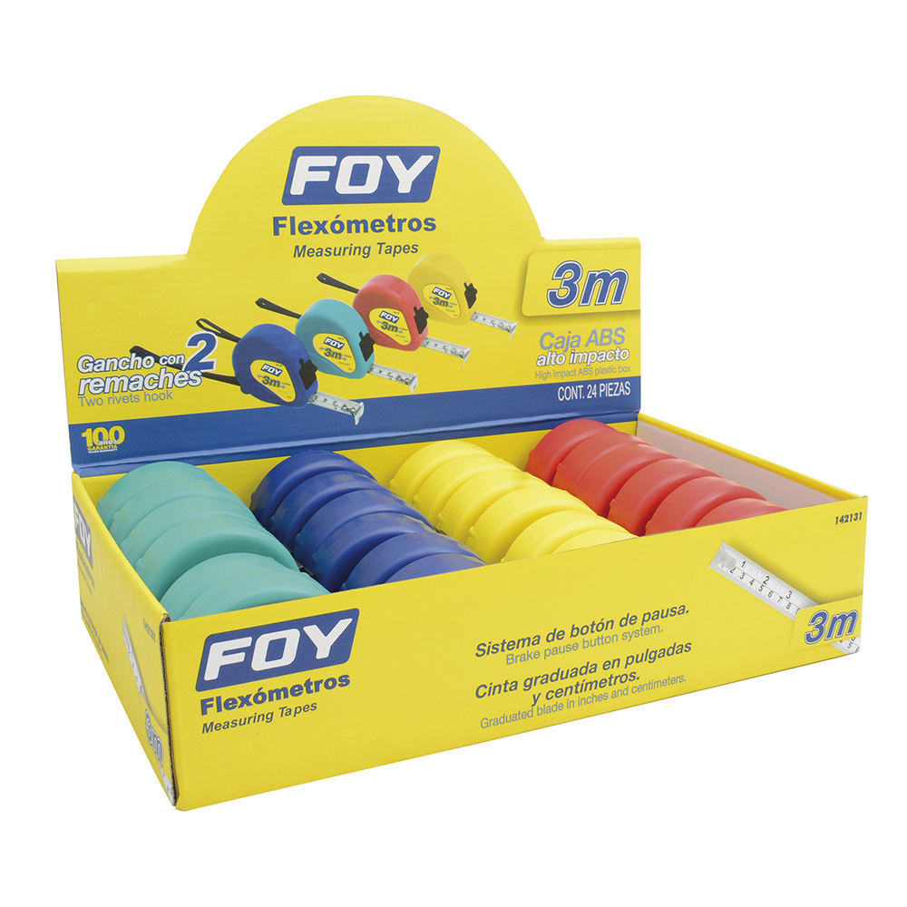 Flexómetros con carcasa de plástico colores en display 3 m x 1/2", 24 piezas, Foy