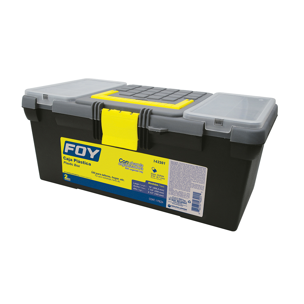 Caja portaherramientas plástica con broches plásticos y organizador 16" x 7" x 6", Foy