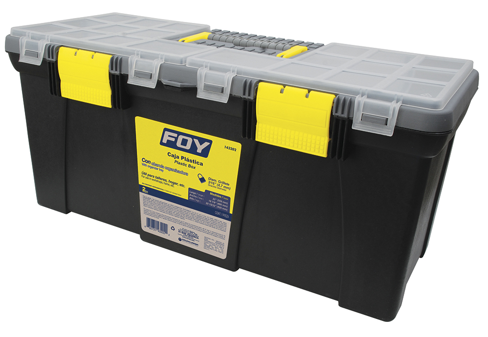 Caja portaherramientas plástica con broches plásticos y organizador 22" x 10" x 10", Foy