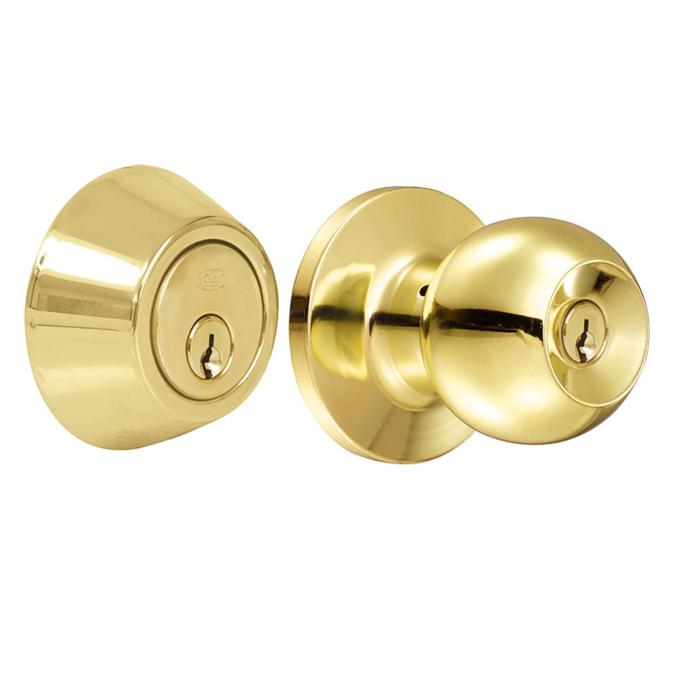 Combo de pomo bola función sencilla, latón brillante, llave estándar, blíster, Lock