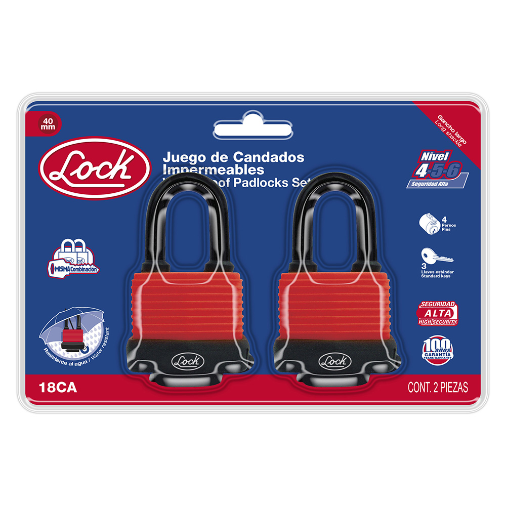 Juego de 2 candados impermeables largos 40 mm, llave estándar, Lock