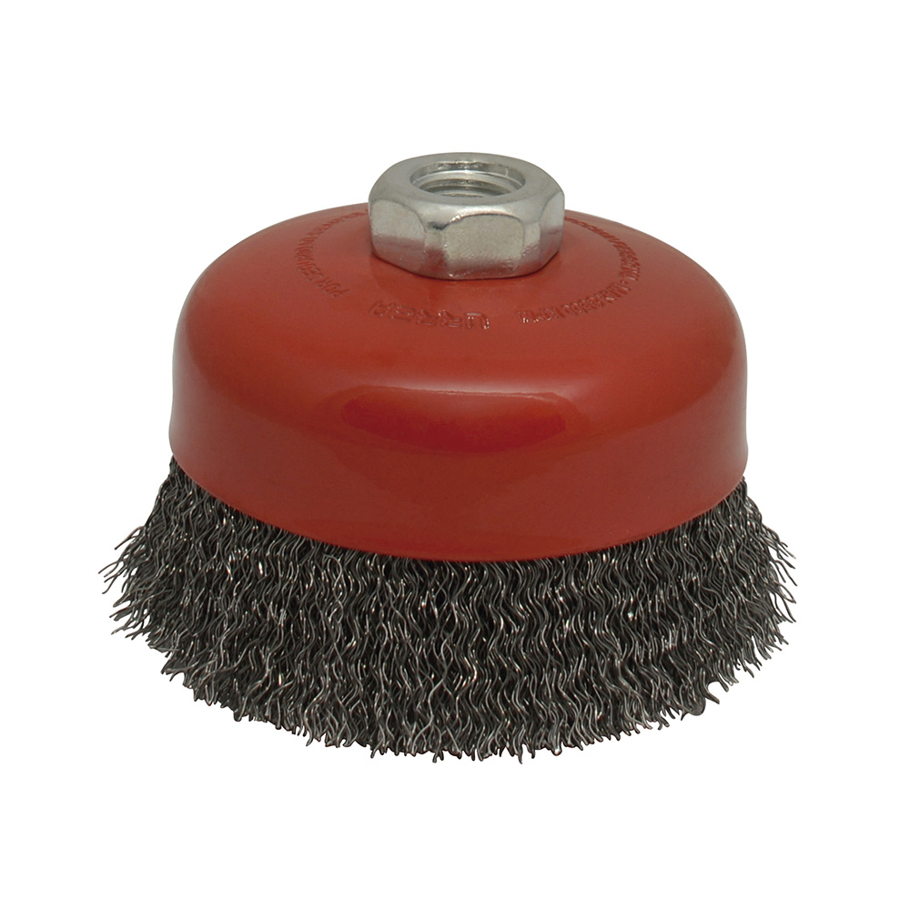 Carda copa ondulada alambre grueso 5" x 0.50 mm con rosca 5/8", Urrea