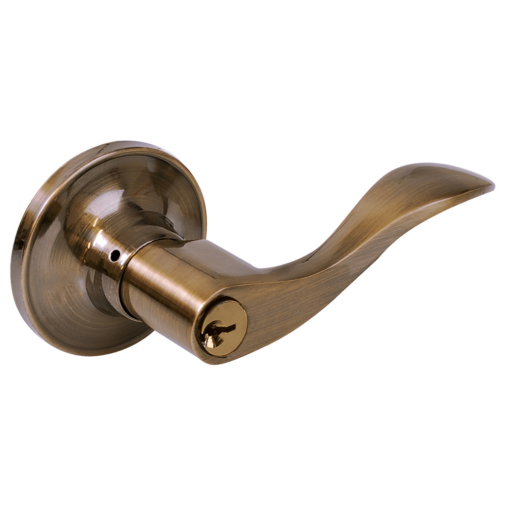 Manija tubular curva función entrada y recámara, latón antiguo, llave estándar, blíster, Lock
