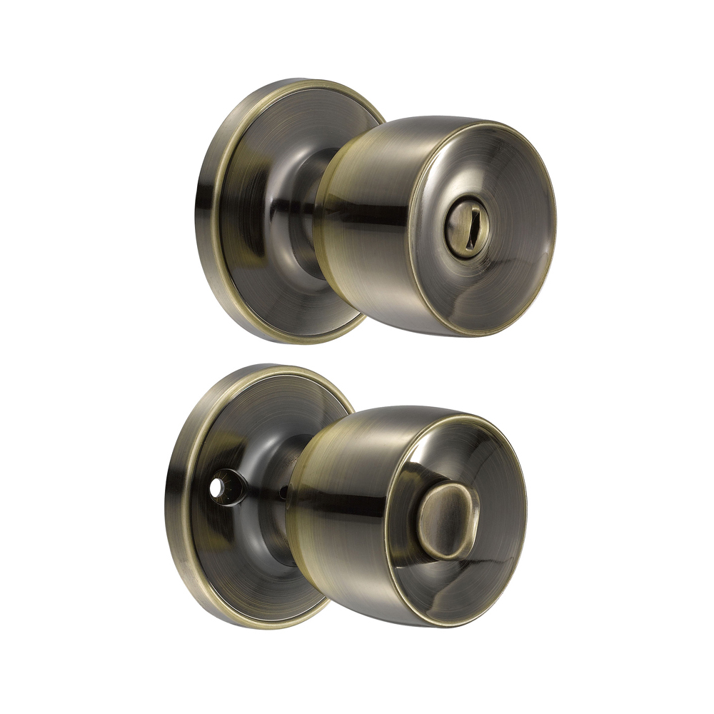 Pomo tubular copa recta función baño, latón antiguo, llave estándar, blíster, Lock
