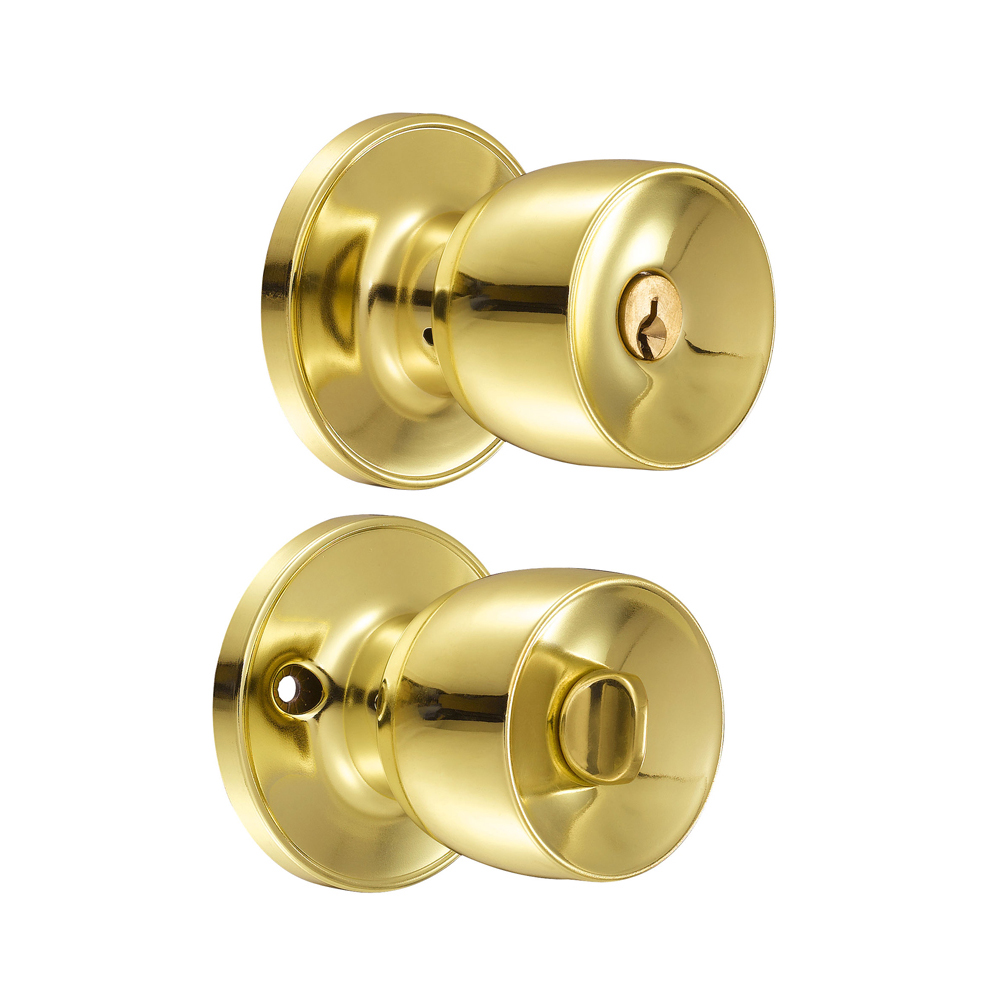 Pomo tubular copa recta función baño, latón brillante, llave estándar, blíster, Lock