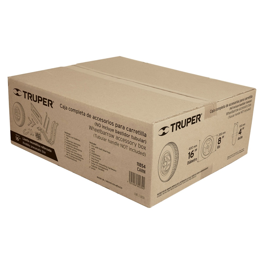 11854 / Caja c/llanta neumática y accesorios p/carretilla Truper