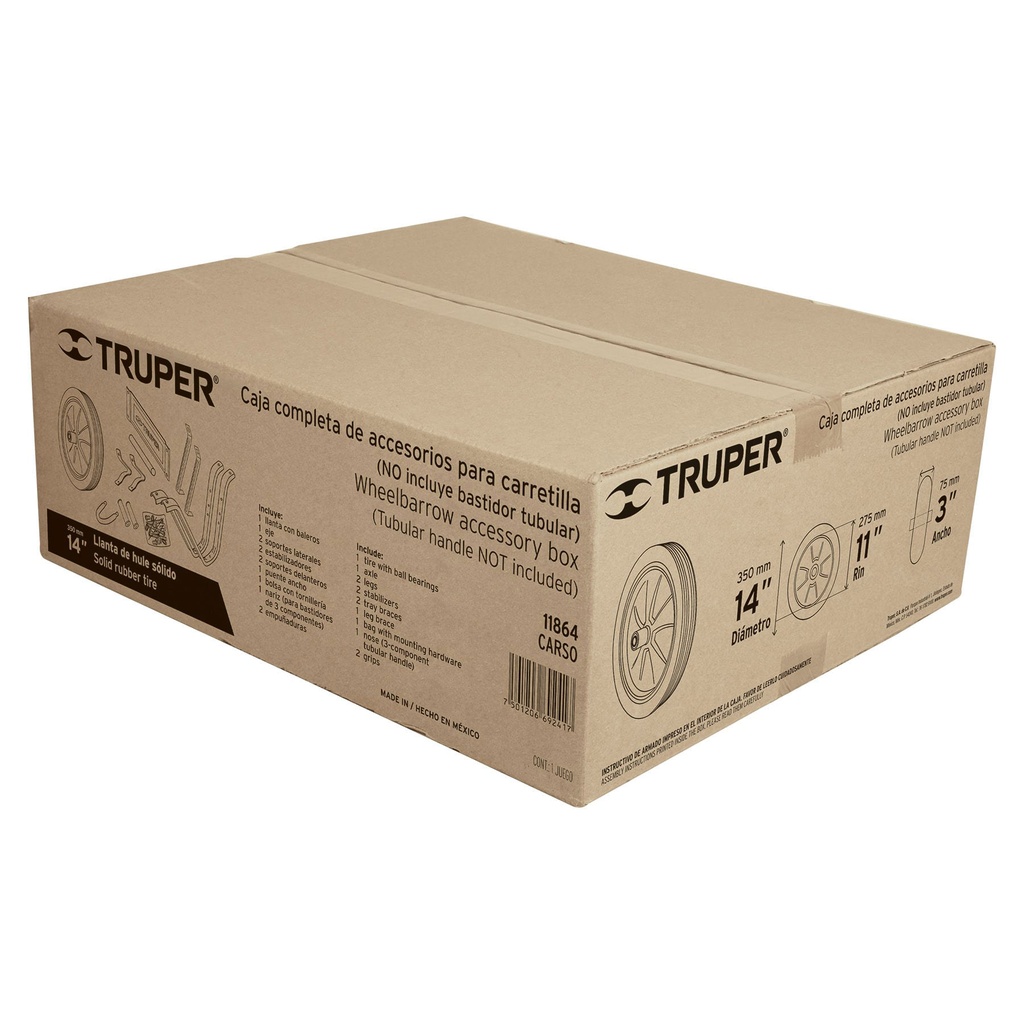 11864 / Caja c/llanta hule sólido y accesorios p/carretilla Truper