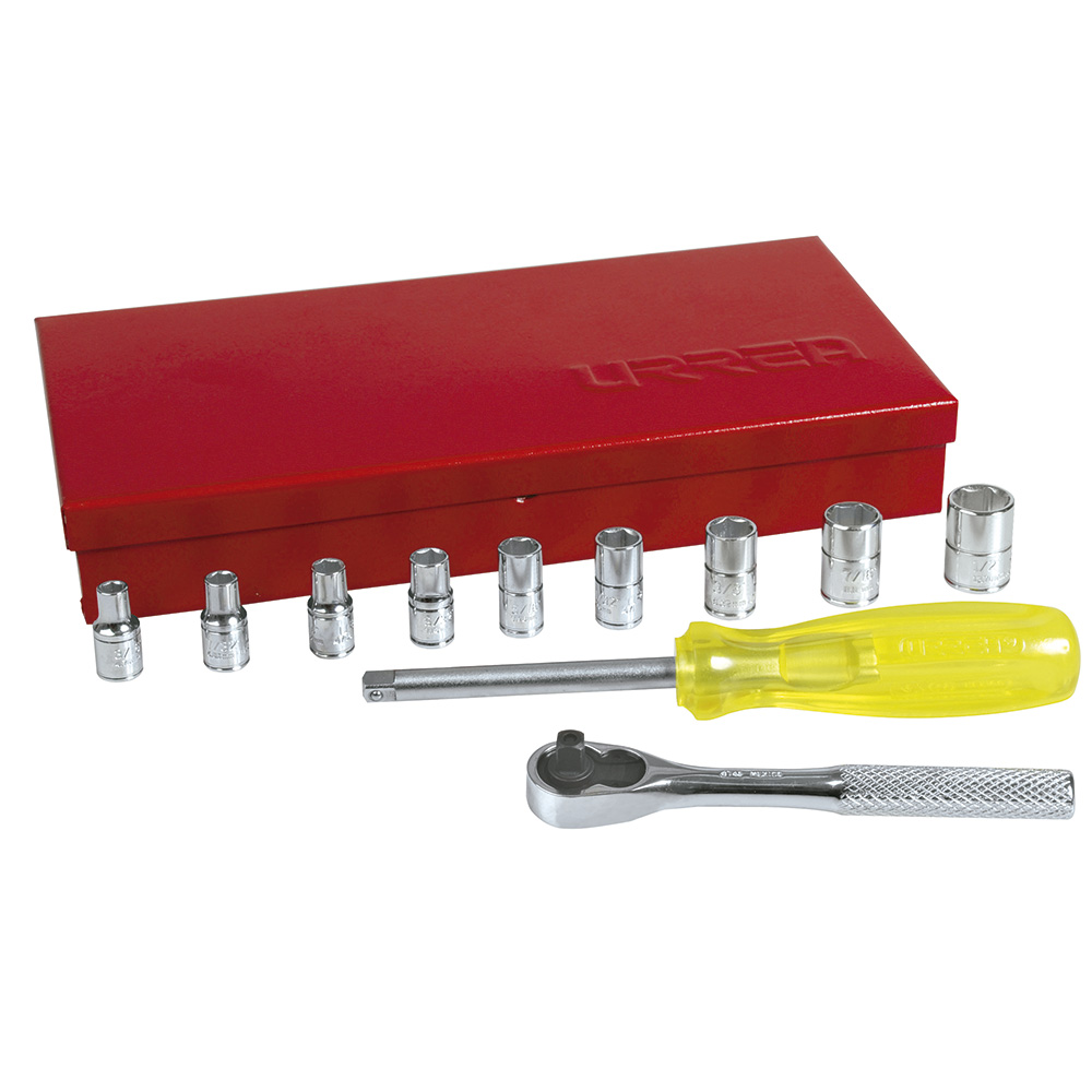 Juego de dados y accesorios cuadro de 1/4" en pulgadas, 12 piezas, Urrea