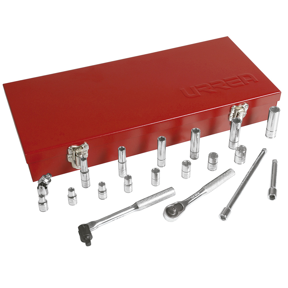 Juego de dados y accesorios cuadro de 1/4" en pulgadas, 20 piezas, Urrea