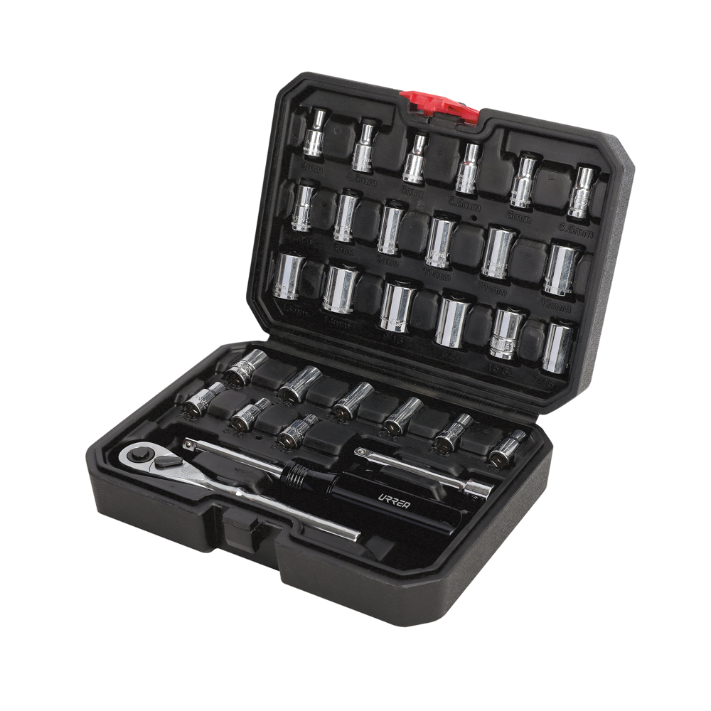 Juego de dados y accesorios cuadro de 1/4" combinado, 30 piezas, Urrea