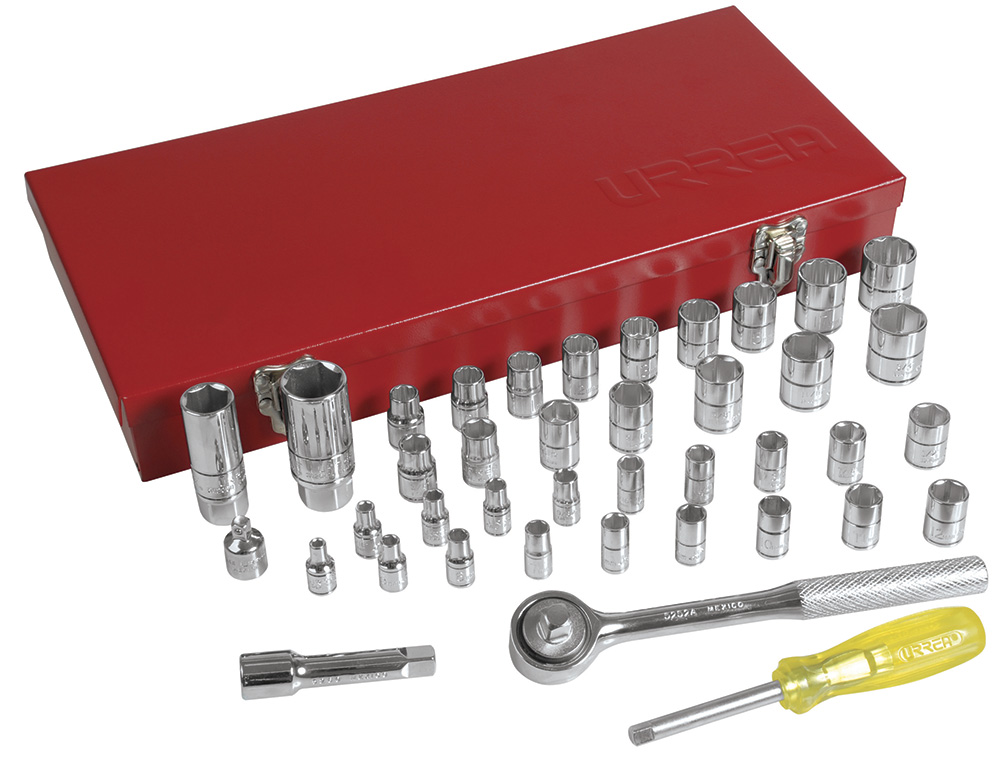Juego de dados y accesorios cuadro de 1/4" y 3/8" combinado, 41 piezas, Urrea