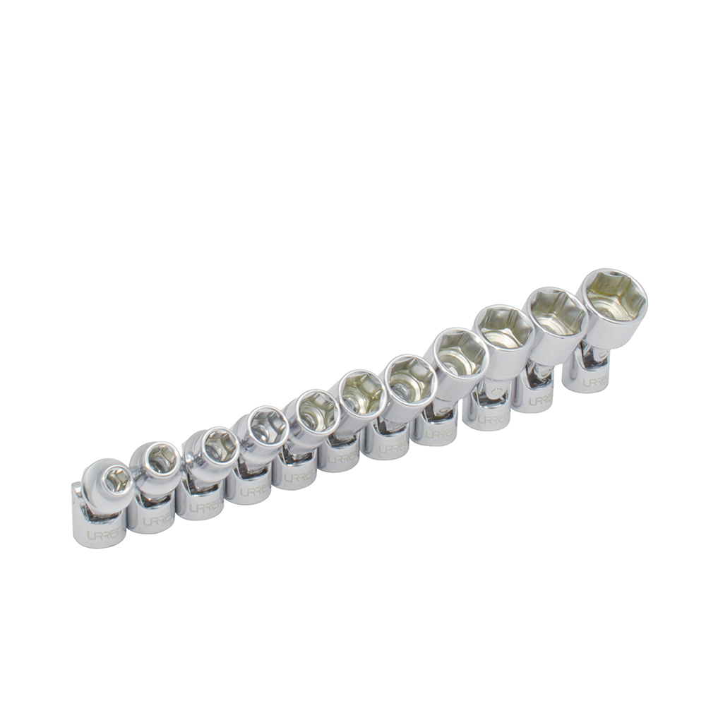 Juego de 11 dados flexibles métricos cuadro de 1/4", 6 puntas, en riel, Urrea