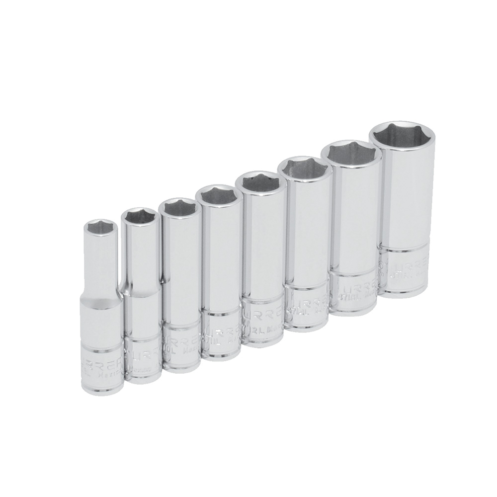 Juego de 8 dados largos en pulgadas cuadro de 1/4", 6 puntas, en riel, Urrea