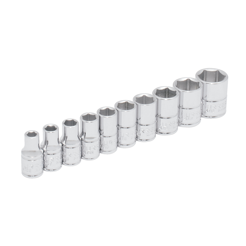 Juego de 10 dados en pulgadas cuadro de 1/4", 6 puntas, en riel, Urrea