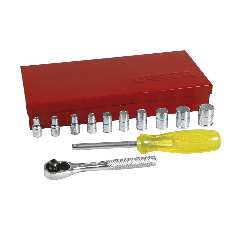Juego de dados y accesorios cuadro de 1/4" en pulgadas, 13 piezas, Urrea