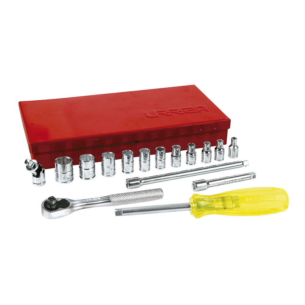 Juego de dados y accesorios cuadro de 1/4" en pulgadas, 17 piezas, Urrea