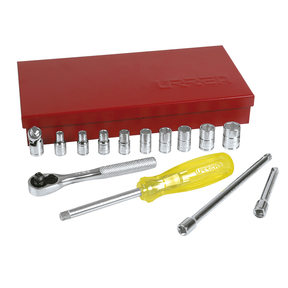 Juego de dados y accesorios cuadro de 1/4" en pulgadas, 16 piezas, Urrea