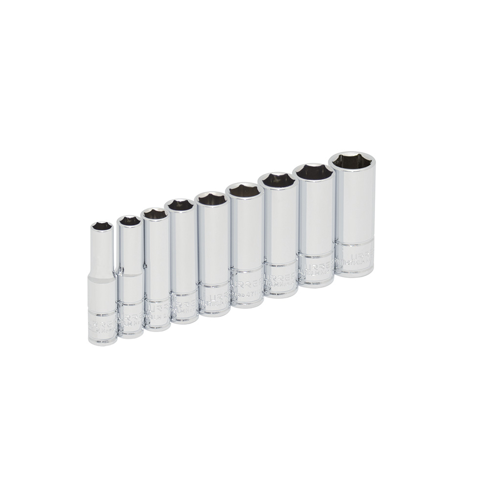 Juego de 9 dados largos métricos cuadro de 1/4", 6 puntas, en riel, Urrea