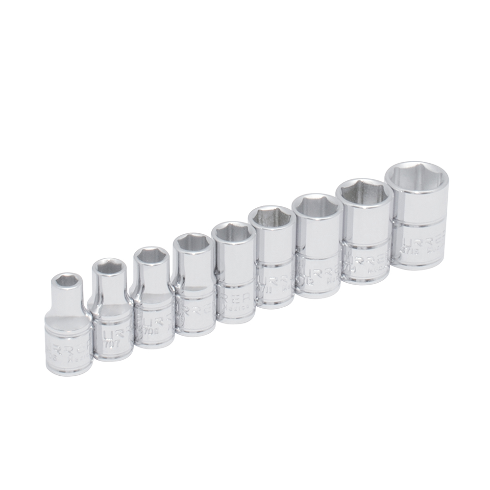 Juego de 9 dados en pulgadas cuadro de 1/4", 6 puntas, en riel, Urrea