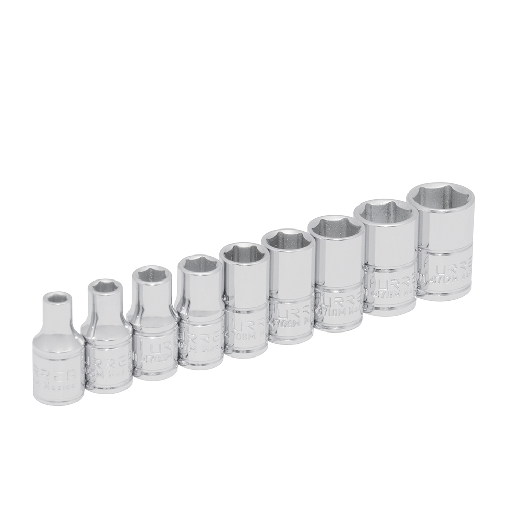 Juego de 9 dados métricos cuadro de 1/4", 6 puntas, en riel, Urrea