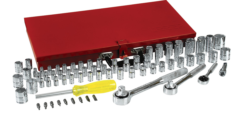 Juego de dados y accesorios cuadro de 1/4", 3/8" y 1/2" combinado, 76 piezas, Urrea